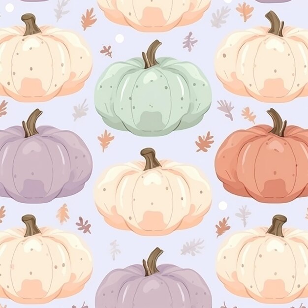 Photo a close up of a pattern of pumpkins with leaves generative ai