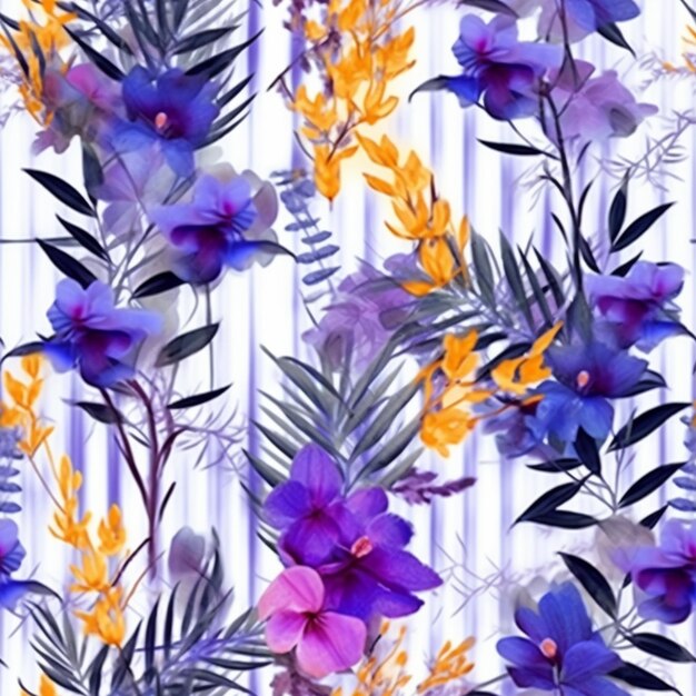 a close up of a pattern of purple and yellow flowers generative ai