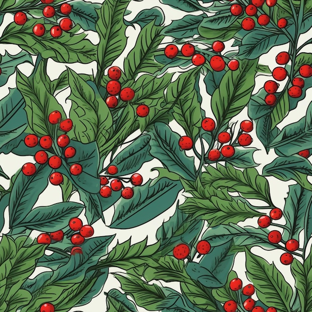 A close up of a pattern of red berries and green leaves generative ai