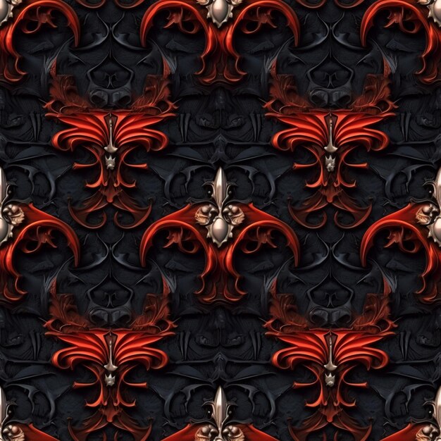 A close up of a pattern of red and black skulls generative ai