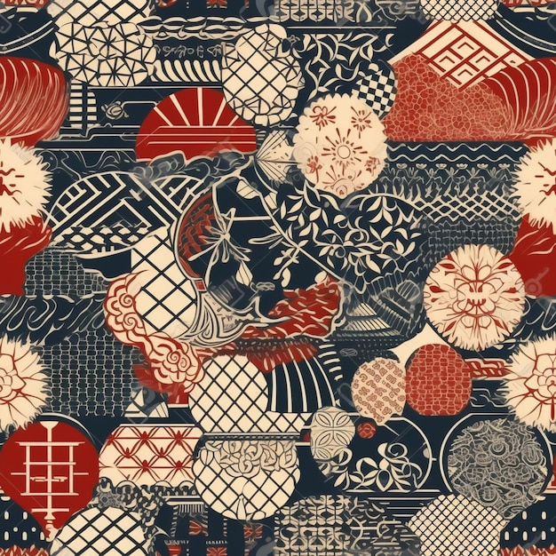 A close up of a pattern of red and blue flowers and birds generative ai