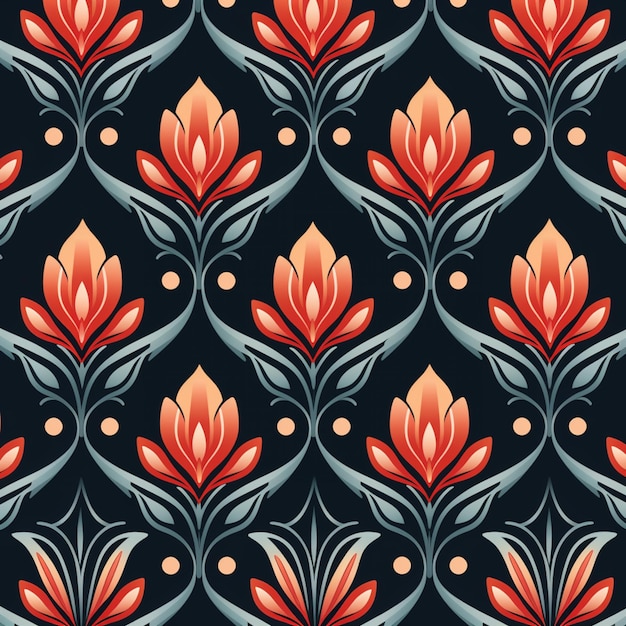 a close up of a pattern of red flowers on a black background generative ai