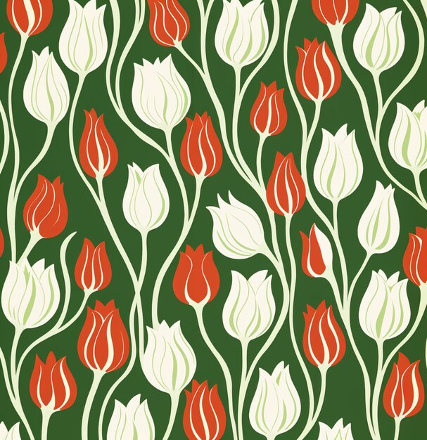 Photo a close up of a pattern of red and white tulips generative ai