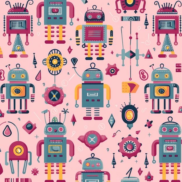 Photo a close up of a pattern of robots on a pink background generative ai