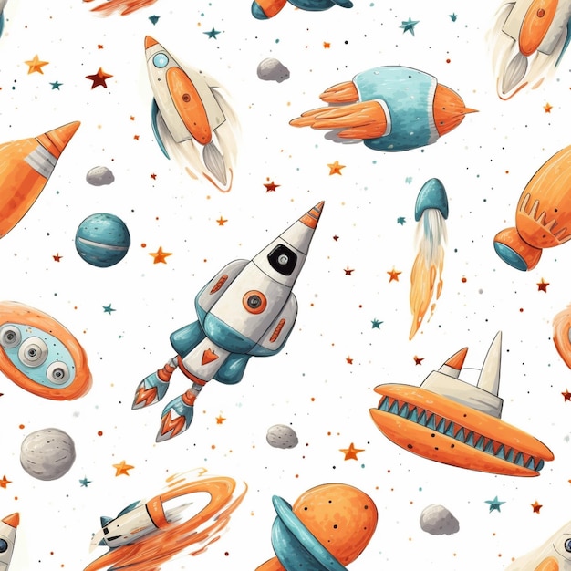 A close up of a pattern of a rocket ship and other objects generative ai