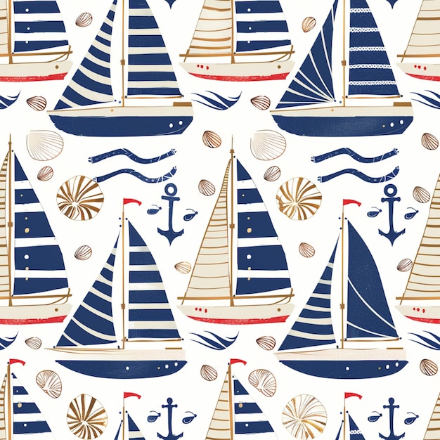 Photo a close up of a pattern of sailboats and shells generative ai