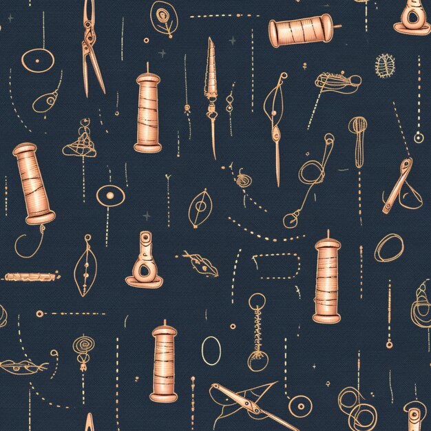 a close up of a pattern of sewing tools on a dark background. generative ai.