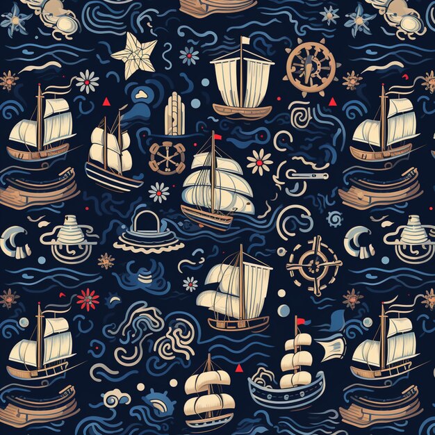 Photo a close up of a pattern of ships and ships on a dark background generative ai