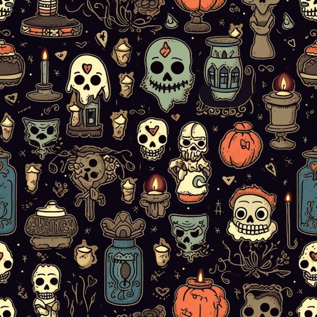 a close up of a pattern of skulls and candles generative ai