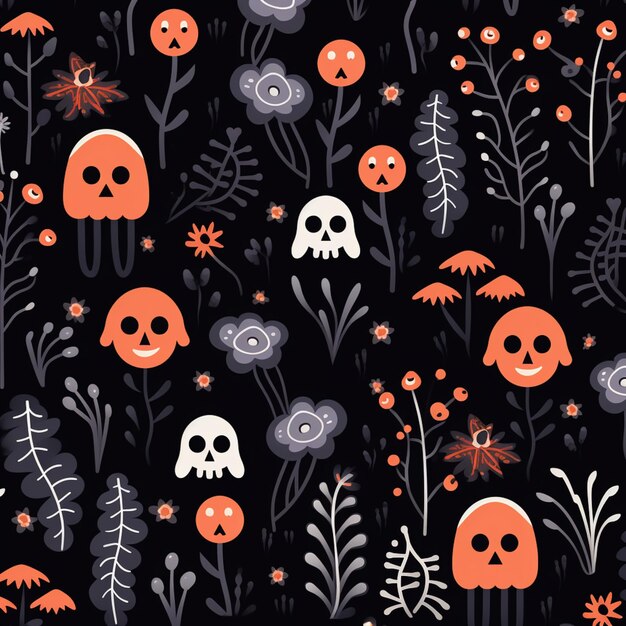 A close up of a pattern of skulls and flowers on a black background generative ai