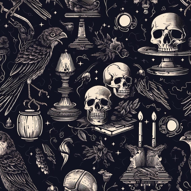 a close up of a pattern of skulls and other items generative ai