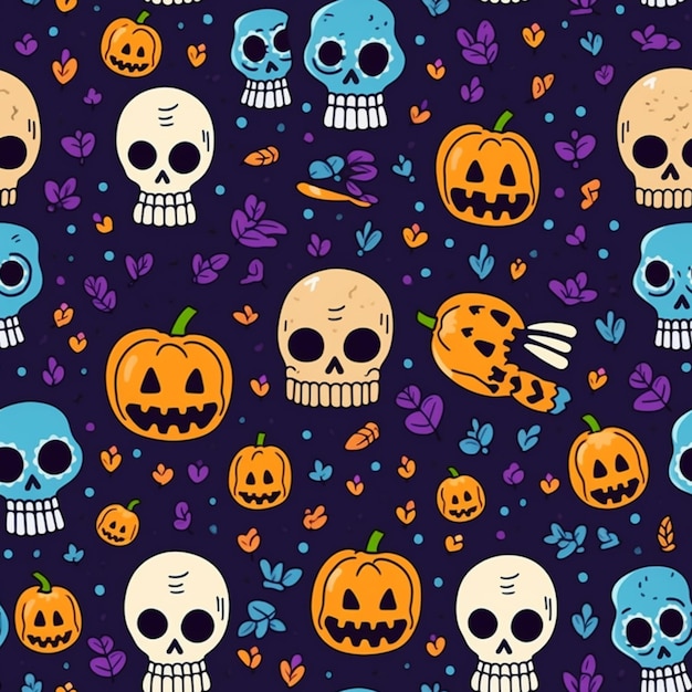 A close up of a pattern of skulls and pumpkins generative ai