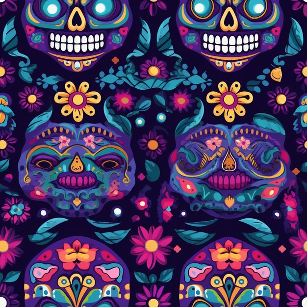 A close up of a pattern of skulls with flowers on a dark background generative ai