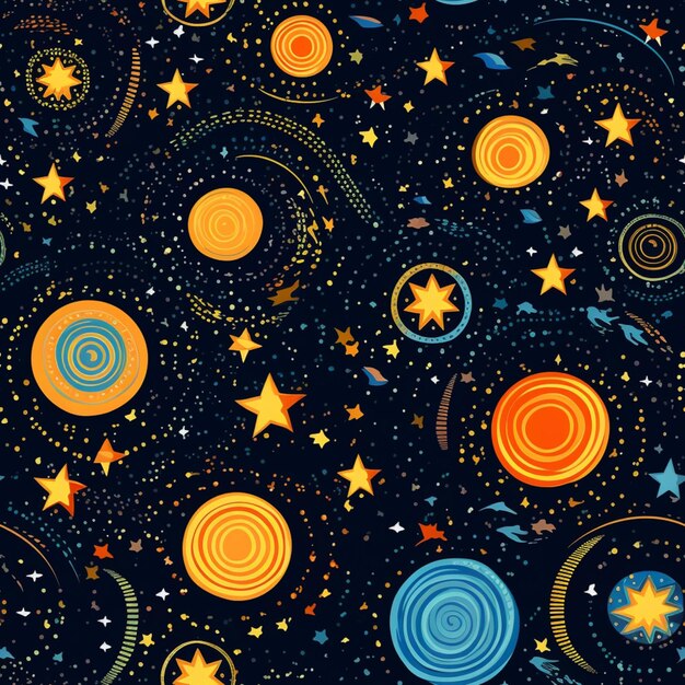 a close up of a pattern of stars and planets on a dark background generative ai