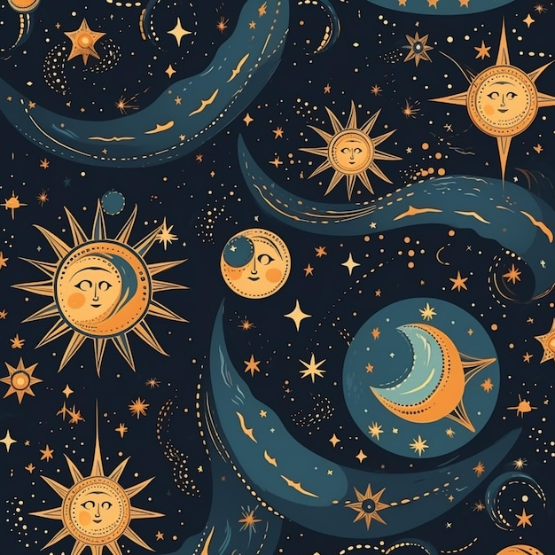 Photo a close up of a pattern of sun and moon with stars generative ai
