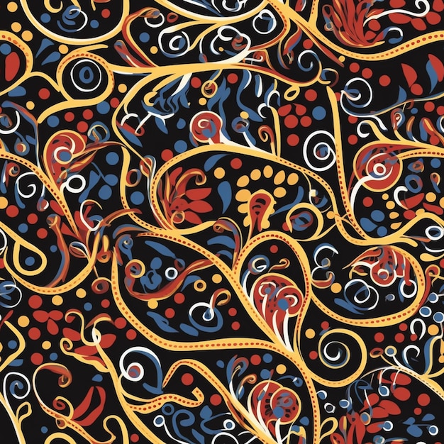 A close up of a pattern of swirls and dots on a black background generative ai