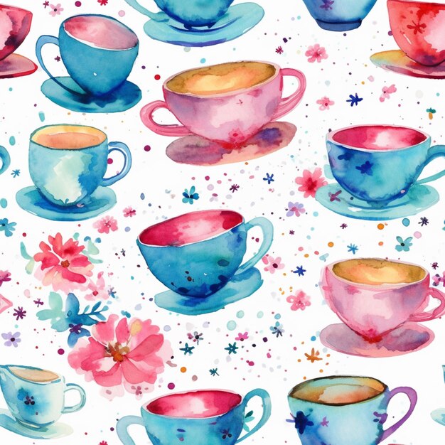 A close up of a pattern of tea cups and saucers generative ai