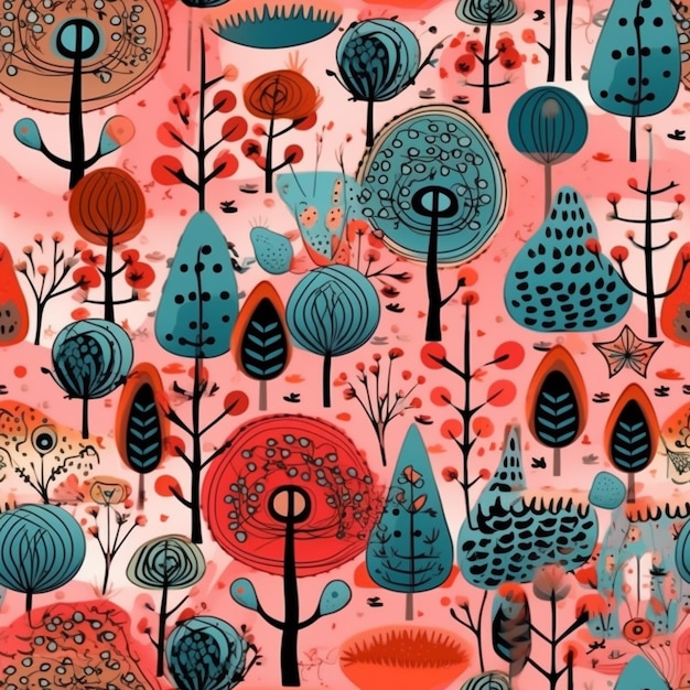 A close up of a pattern of trees and birds on a pink background generative ai