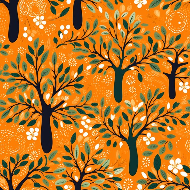 A close up of a pattern of trees and leaves on an orange background generative ai