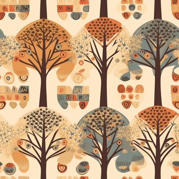 A close up of a pattern of trees and owls generative ai