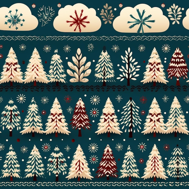 a close up of a pattern of trees and snowflakes generative ai