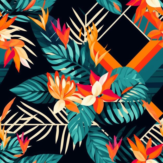 A close up of a pattern of tropical plants and leaves generative ai