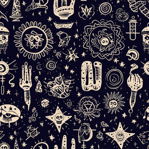 Photo a close up of a pattern of various symbols on a black background generative ai