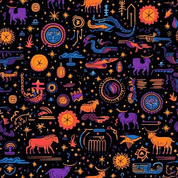 A close up of a pattern of various zodiac symbols generative ai