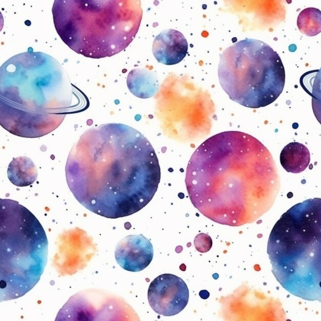 Photo a close up of a pattern of watercolor planets and stars generative ai