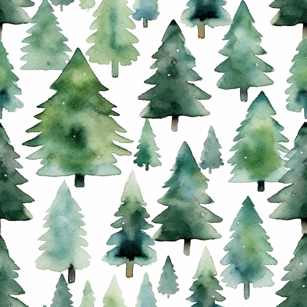 A close up of a pattern of watercolor trees on a white background generative ai