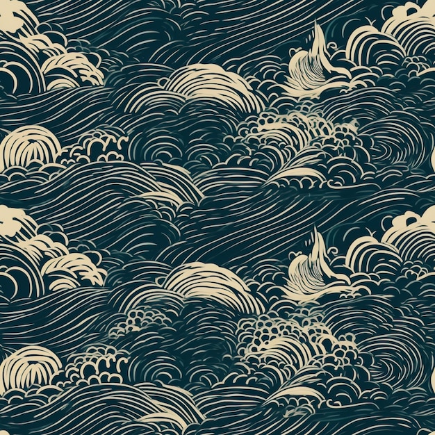 Photo a close up of a pattern of waves and boats on a dark blue background generative ai