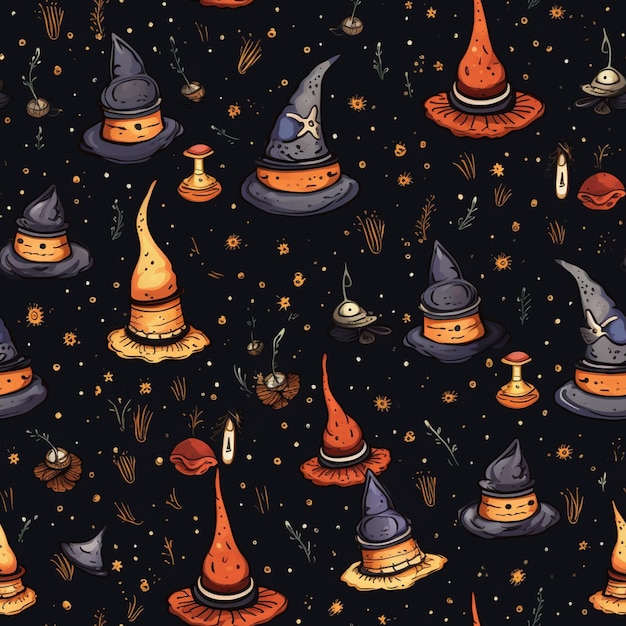 a close up of a pattern of witches hats and brooms generative ai