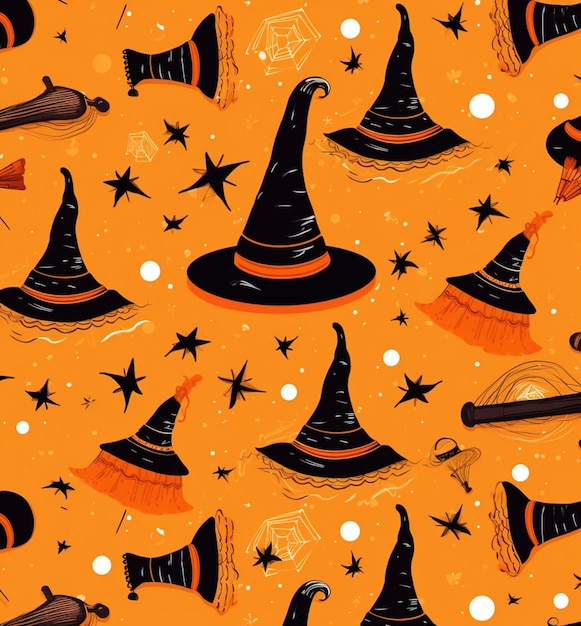 A close up of a pattern of witches hats and brooms generative ai