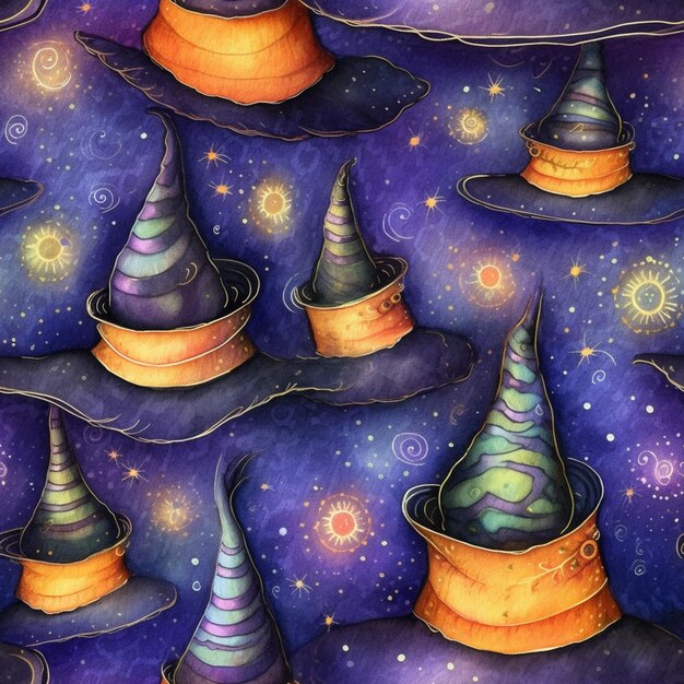 A close up of a pattern of witches hats on a purple background generative ai