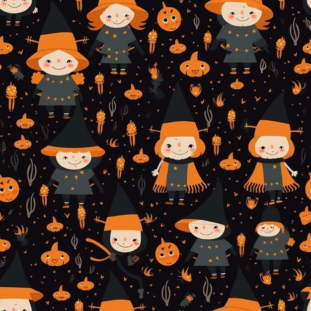 A close up of a pattern of witches and pumpkins generative ai