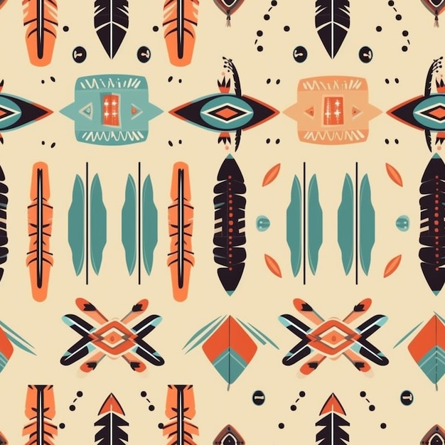 A close up of a pattern with feathers and arrows generative ai