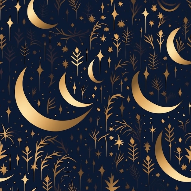 a close up of a pattern with gold stars and moon generative ai