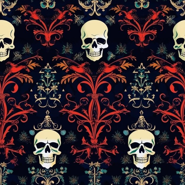 Photo a close up of a pattern with skulls and flowers on a black background generative ai