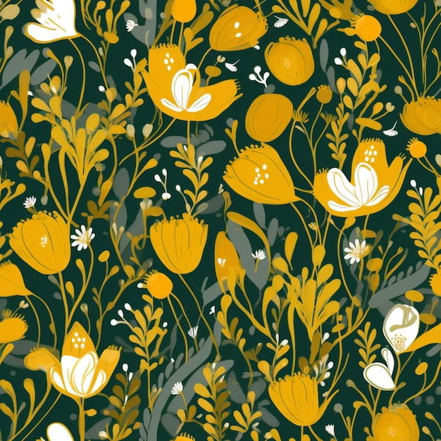 A close up of a pattern of yellow flowers and leaves generative ai