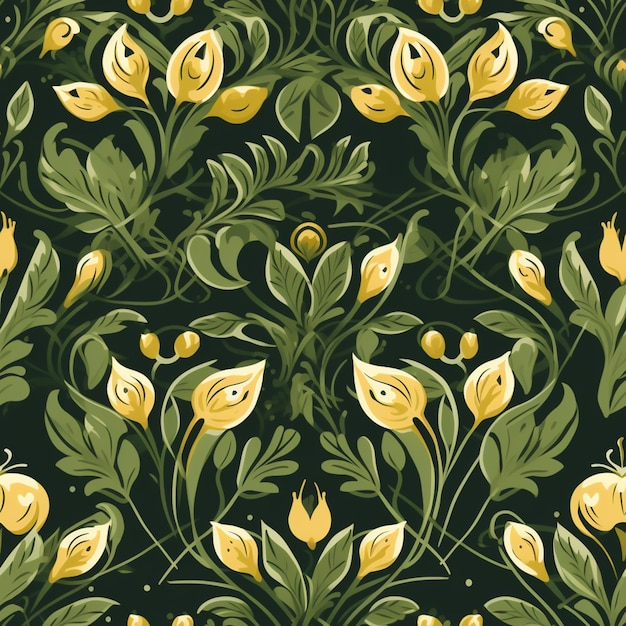 a close up of a pattern of yellow flowers and leaves generative ai