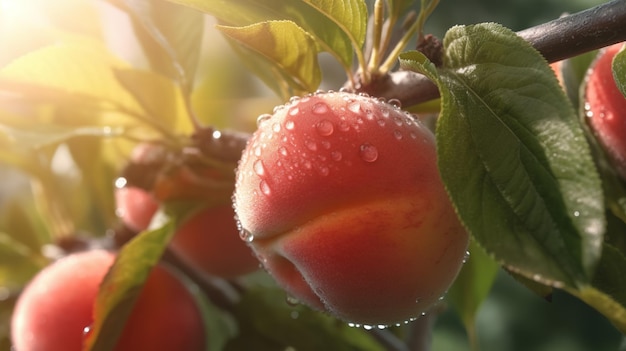 A close up of a peach tree with water droplets on it