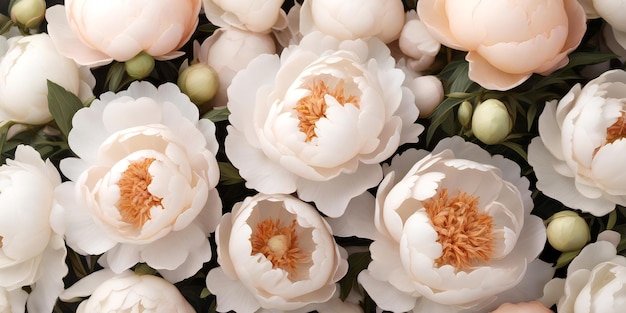 A close up of peach and white peonies top view Floral background for holiday banners posters car