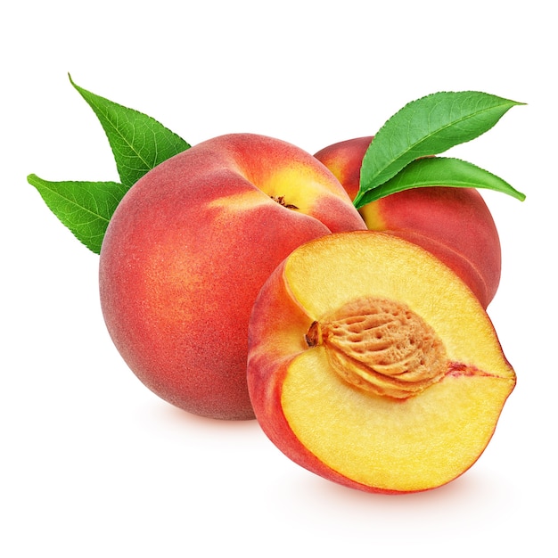 Close-up of peaches with leaves