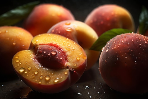 A close up of peaches with water droplets on them