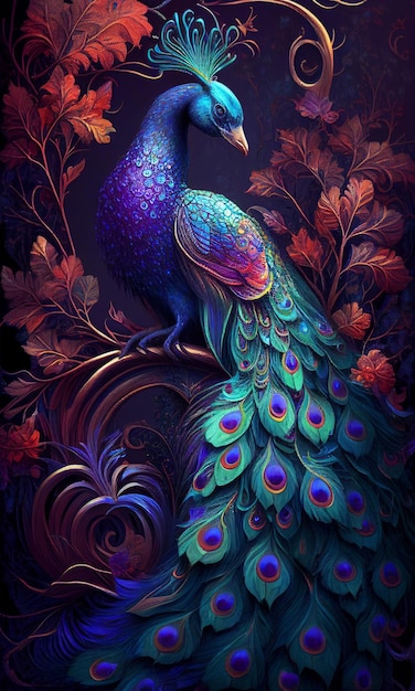 Close up peacock bird with beautiful tail for background Created with Generative AI technology