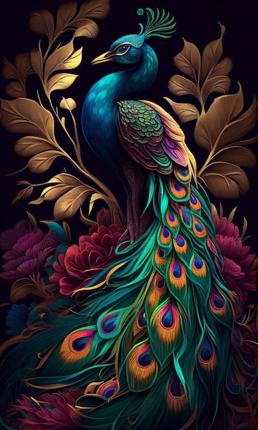 Close up peacock bird with beautiful tail for background Created with Generative AI technology