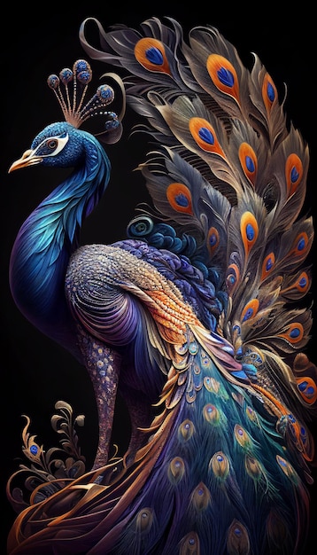 Close up peacock bird with beautiful tail for background Created with Generative AI technology