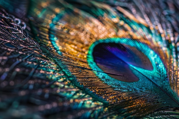 A close up of a peacock feather with a blue and gold hue