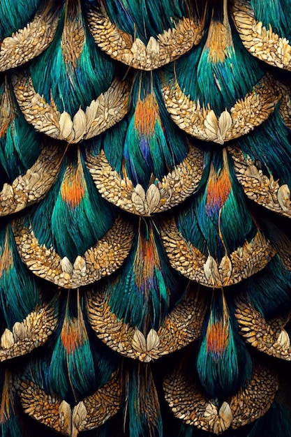 A close up of a peacock feather with many feathers on it generative ai