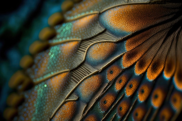 A close up of a peacock wing with orange and blue feathers.